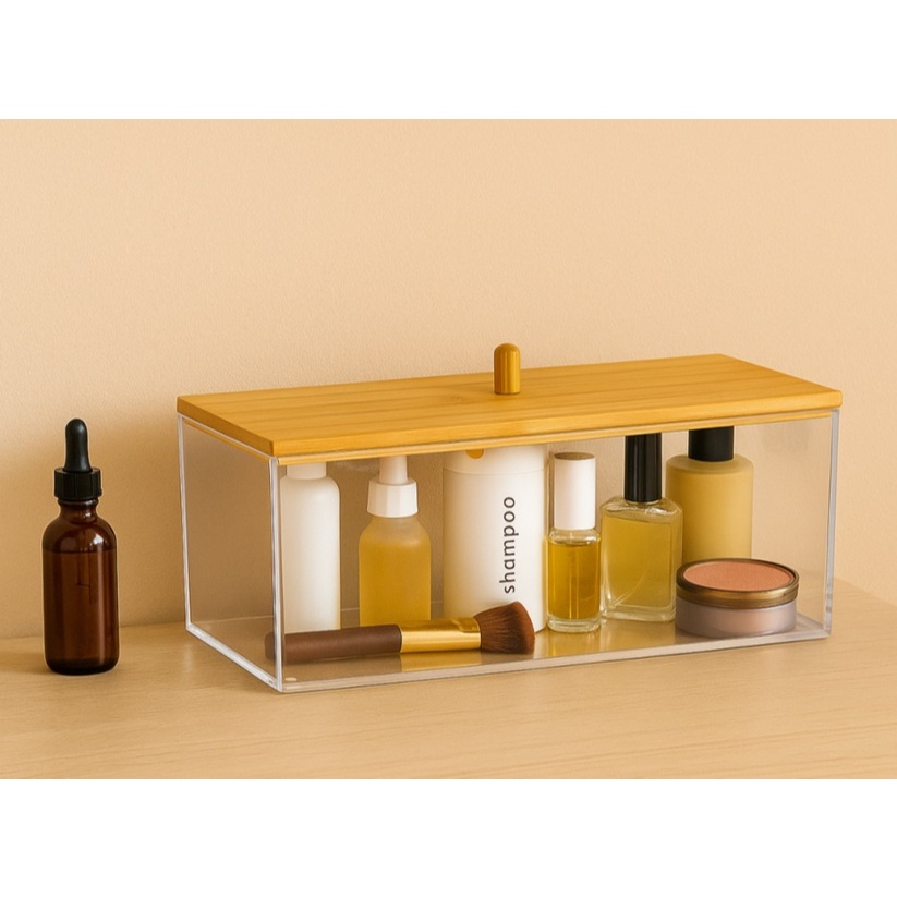 Caixa Organizadora de Cosmético em Bambu e Acrílico 26cm – Porta Joia Maquiagem Acessórios