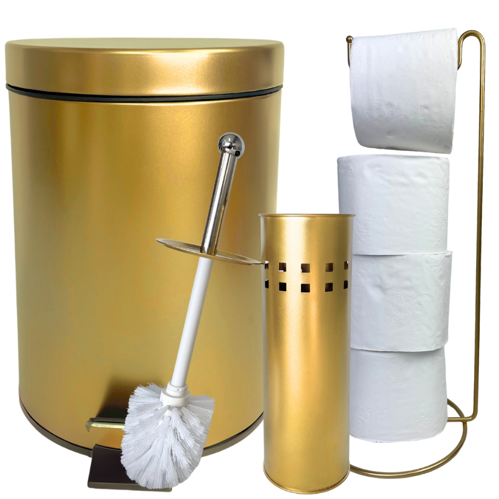 Lixeira 3 Litros Dourada + Escova para Vaso Sanitario Porta Papel Higiênico Grande