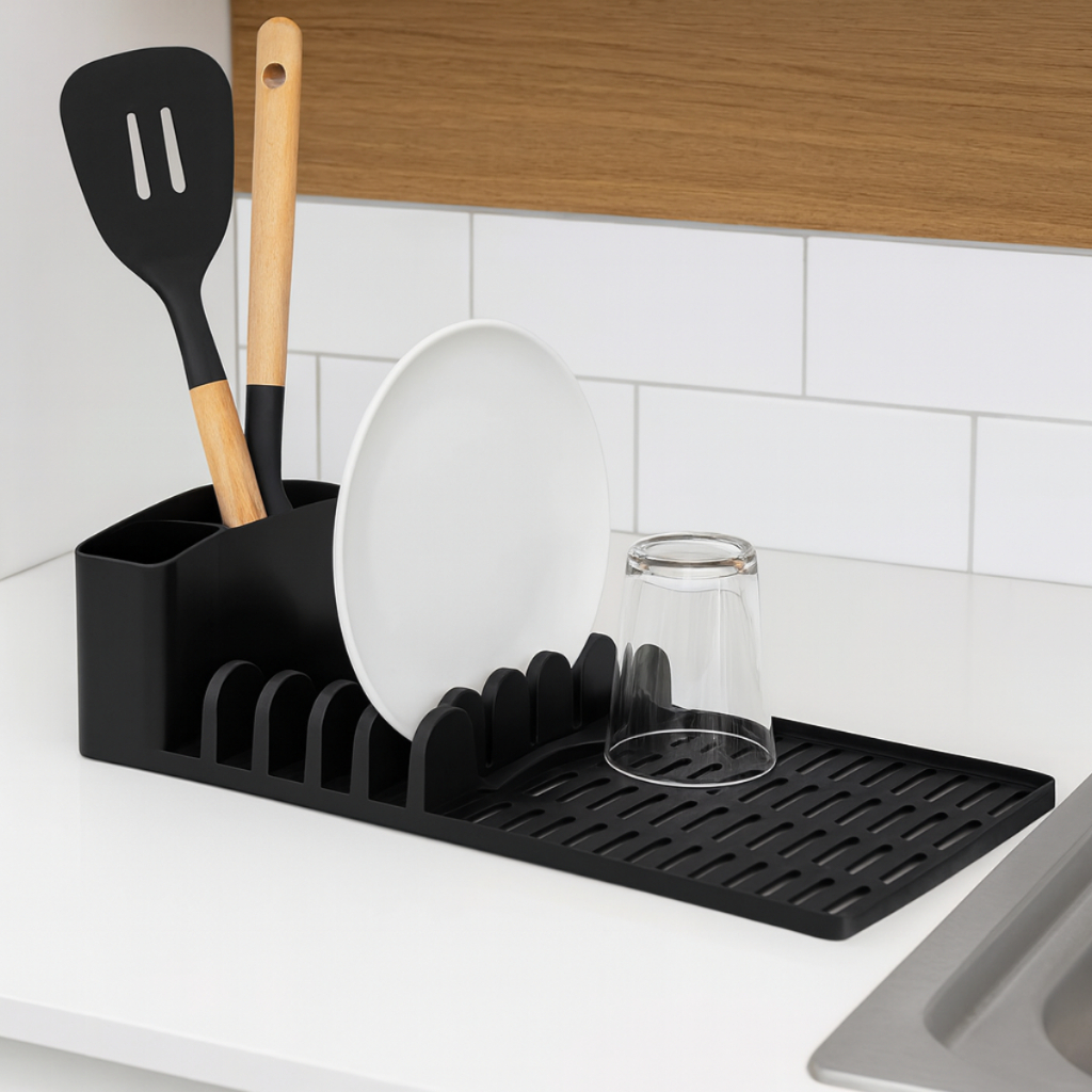 Organizador Slim Para Pia De Cozinha Porta Talheres E Pratos Com Bandeja Escorredor Preto