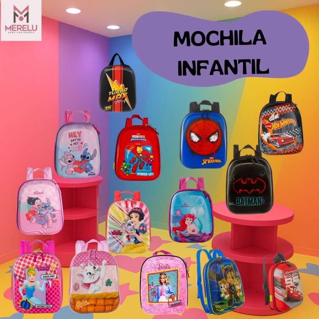 Mochila Infantil Escolar Creche Menino Menina Grandes Personagens Batman Hot Wheels Barbie Cinderela