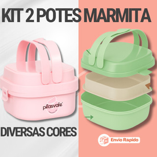 Kit 2 Potes Marmita Fit Com Alça e Divisórias Prática Plasvale Adulto e Infantil