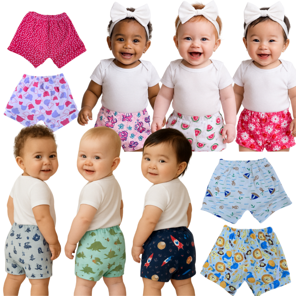 Kit 3 Peças Shorts Estampado Bebê Infantil Menina e Menino 100% Algodão Enxoval Premium