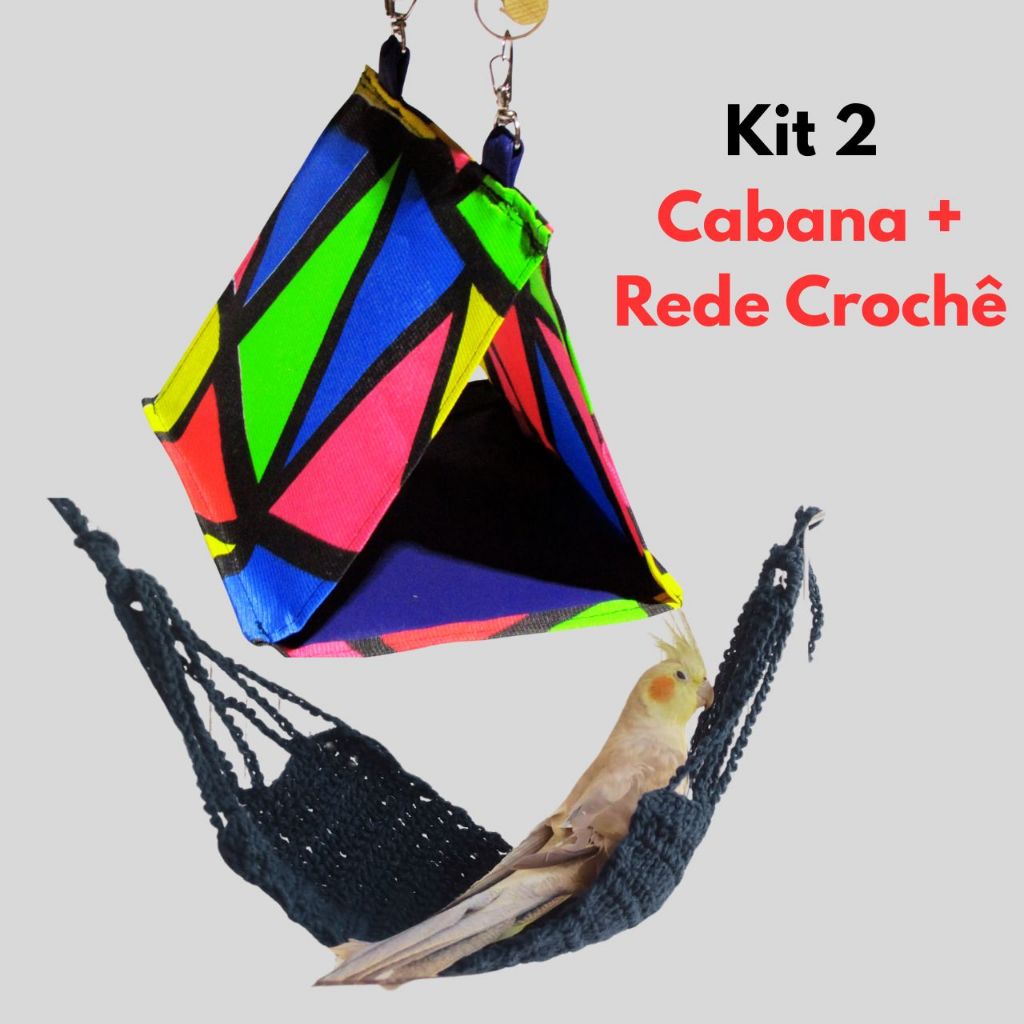 Kit 2 Brinquedos Para Calopsita Cabana +  rede redinha Croche Para Gaiola  Periquito Agapornis Rinq Neck