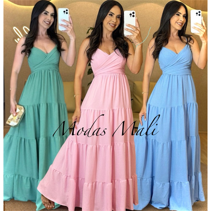 vestido longo decote em V com amarração