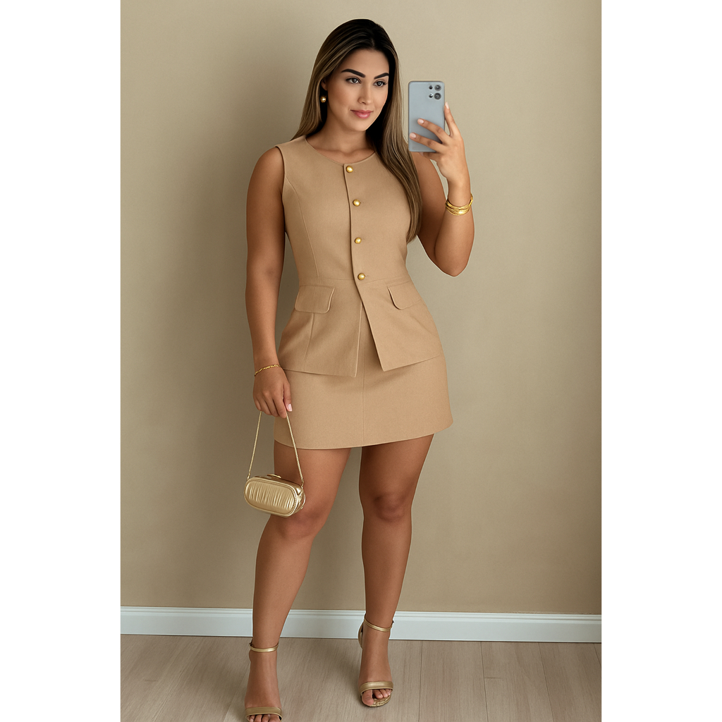 Conjunto Feminino Alfaiataria – Colete com Short-Saia Elegante — foto 2
