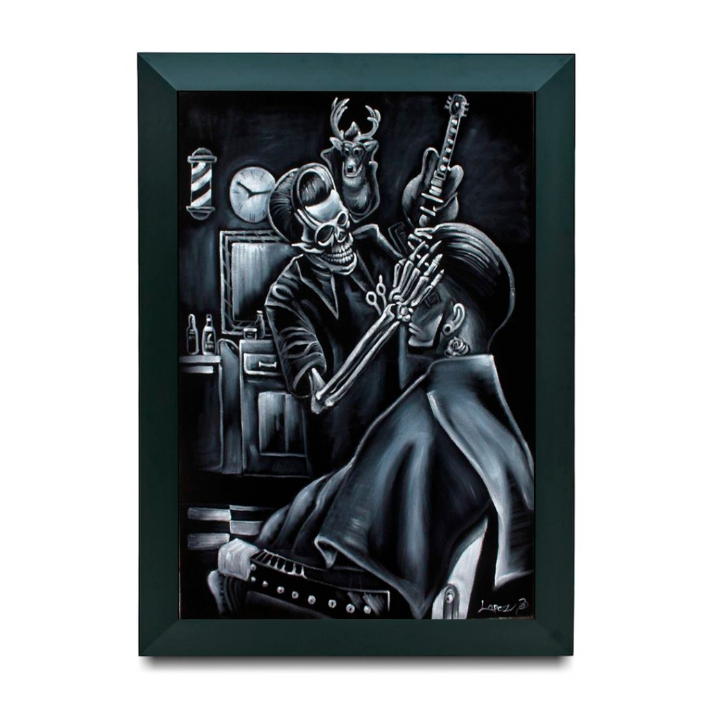 Quadro Decorativo Caveira Barbearia Estilo Old School Retrô Salão Masculino Tesoura Máquina