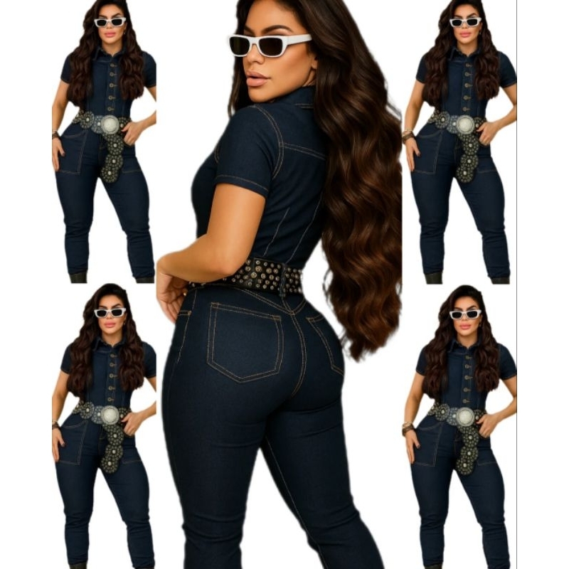 Macacão Jeans Feminino com lycra Empina Bumbum Manga curta Moda Glamour moda casual jovem