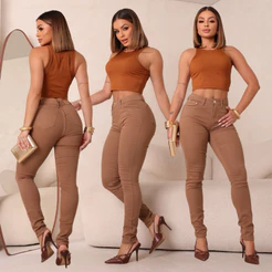 Calça Feminina Skinny Bege Cintura alta