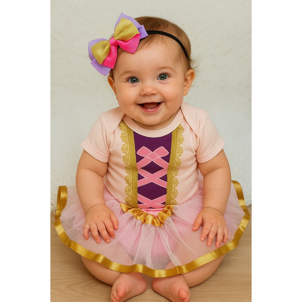 Body Bebê Menina Rapunzel Lilás Fantasia Princesa Mesversário Conjunto Body Saia Tiara Festa Fotos Fofo