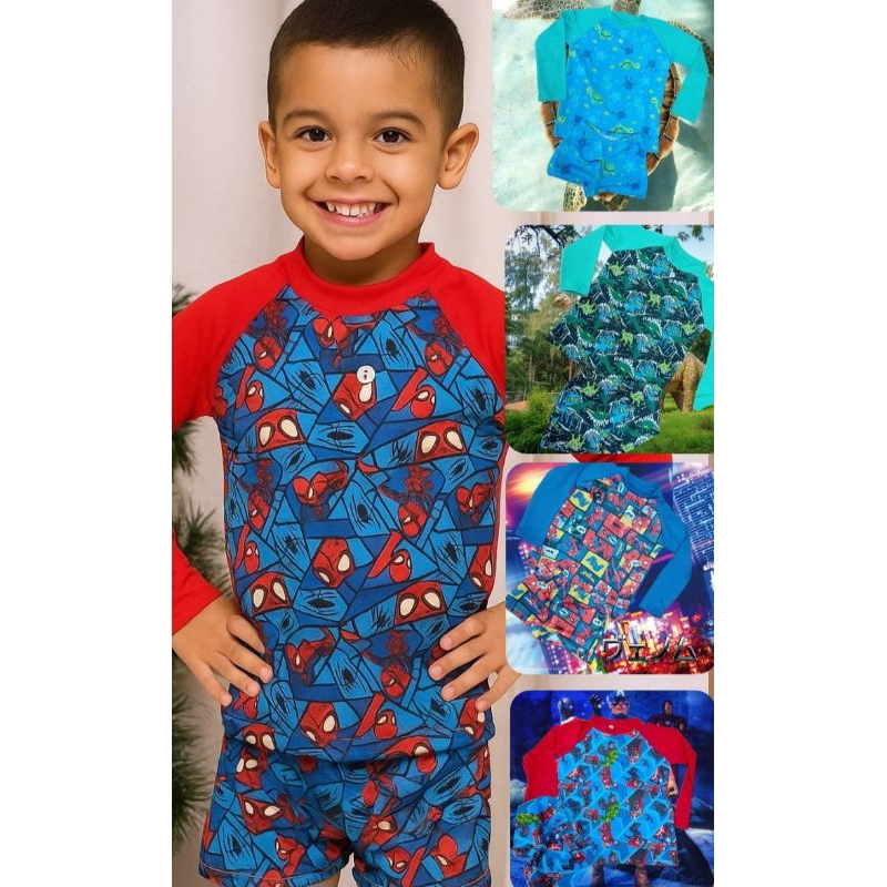 Conjunto Praia Infantil heróis menino | Roupa Uv Piscina Sunga + Camiseta Manga Comprida em Oferta na Shopee
