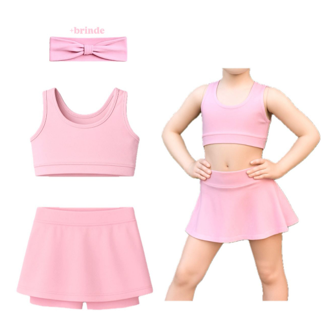 Conjunto Fitness Top + Short Saia + BRIND (faixinha) - infantil e juvenil ROSA