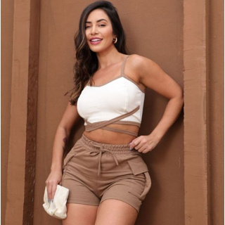 Conjunto Moletinho Feminino Cropped Com Bojo Alça Fina + Saia Moletinho Com Bolso Cargo e Elastico Na Cintura em Oferta na Shopee