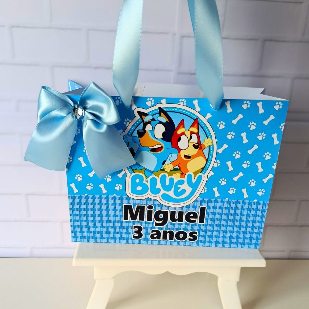 Sacola M Bluey 20x15 Personalizada com Alça e Laço de Cetim Festa Infantil