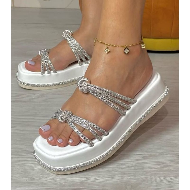 Sandália Feminina Confortavel Com Tiras de Strass Brilho com Nó Plataforma Flatform Luxo Confortável Blogueira