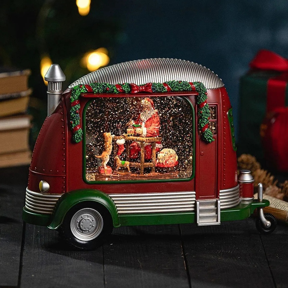 Enfeite de Natal LED Musical Trailer do Papai Noel 27cm - Decoração Natalina de Luxo Presente