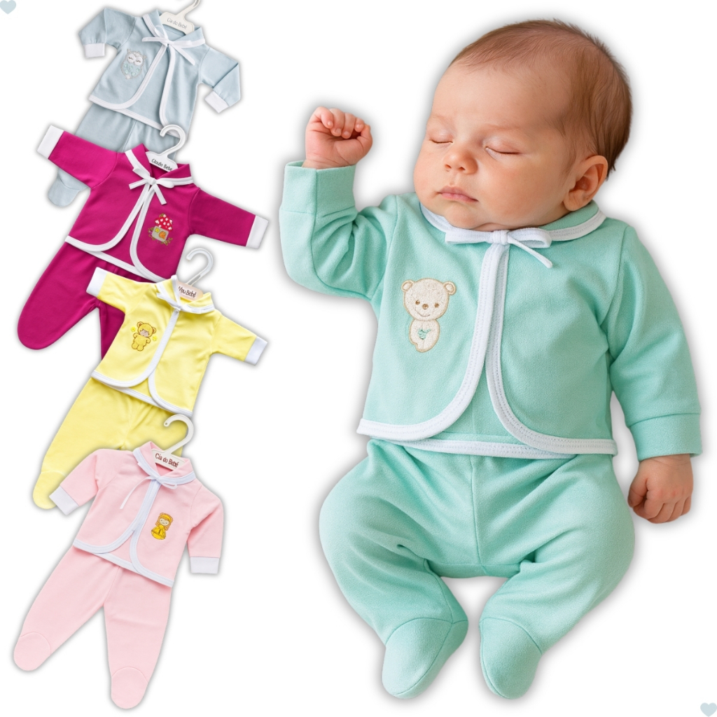 Kit Pagão Bebê 3 Pcs Conjunto Rn Manga Longa Bordado Unissex - Casaco Mijão e Regata