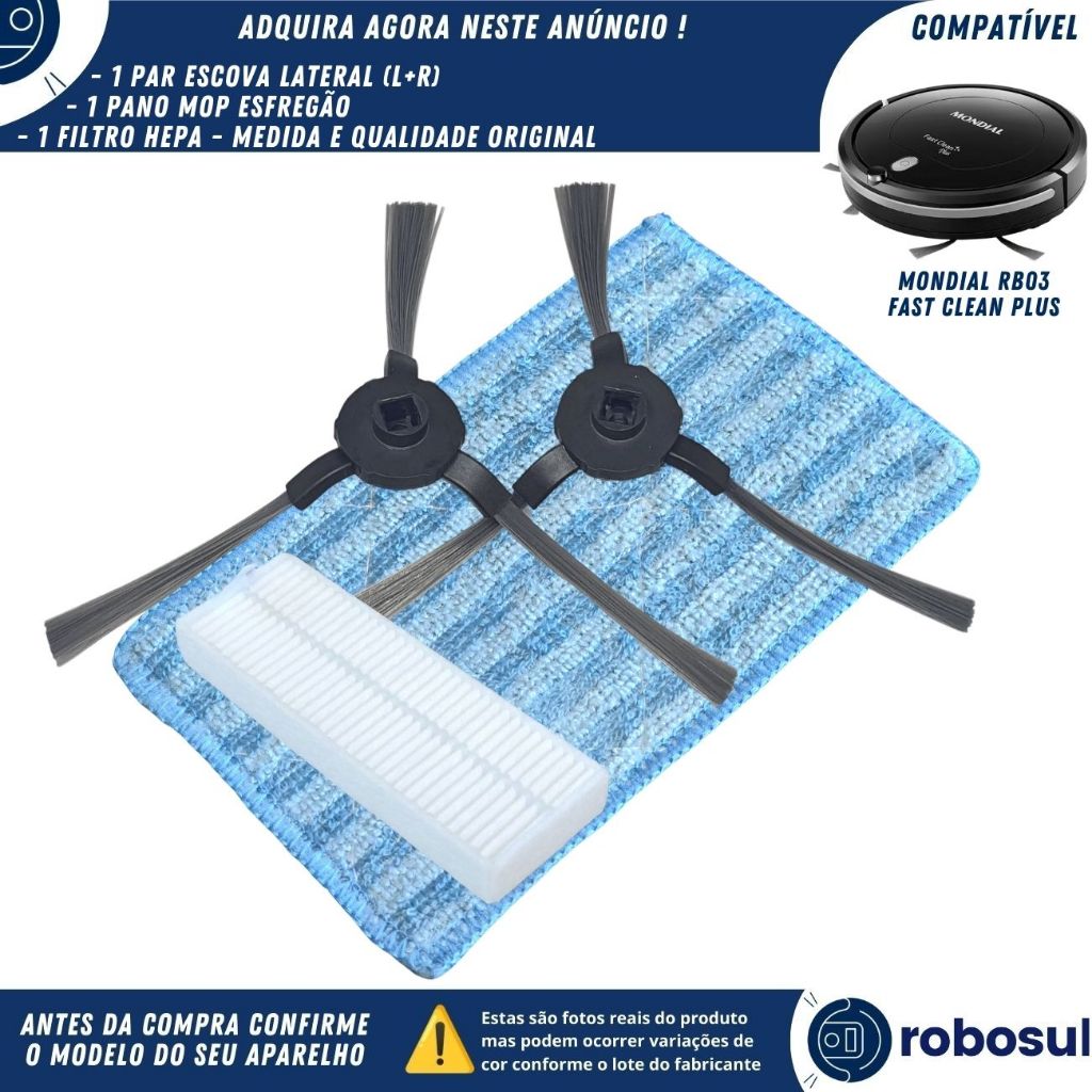 Escovas Lateral Filtro Hepa Mop Para Robo Mondial Fast Clean Plus RB03
