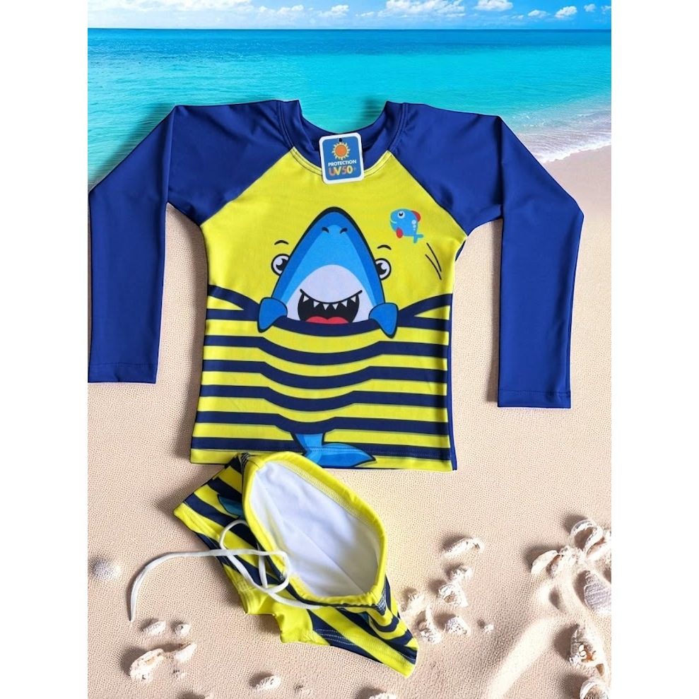 Kit Banho Conjunto Infantil Moda Praia Menino Verão Blusa Camisa Proteção Solar Uv50+ Sunga Tubarão em Oferta na Shopee