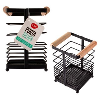 Porta Talher Escorredor Alça de Madeira e Ferro Preto Clink-6380 em Oferta na Shopee