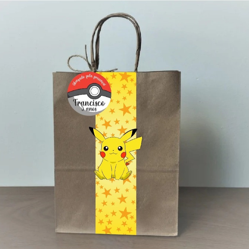 Sacolinha Pokémon | Pikachu  Personalizada com Tag e Apliques | Lembrancinha Festa Infantil Surpresa