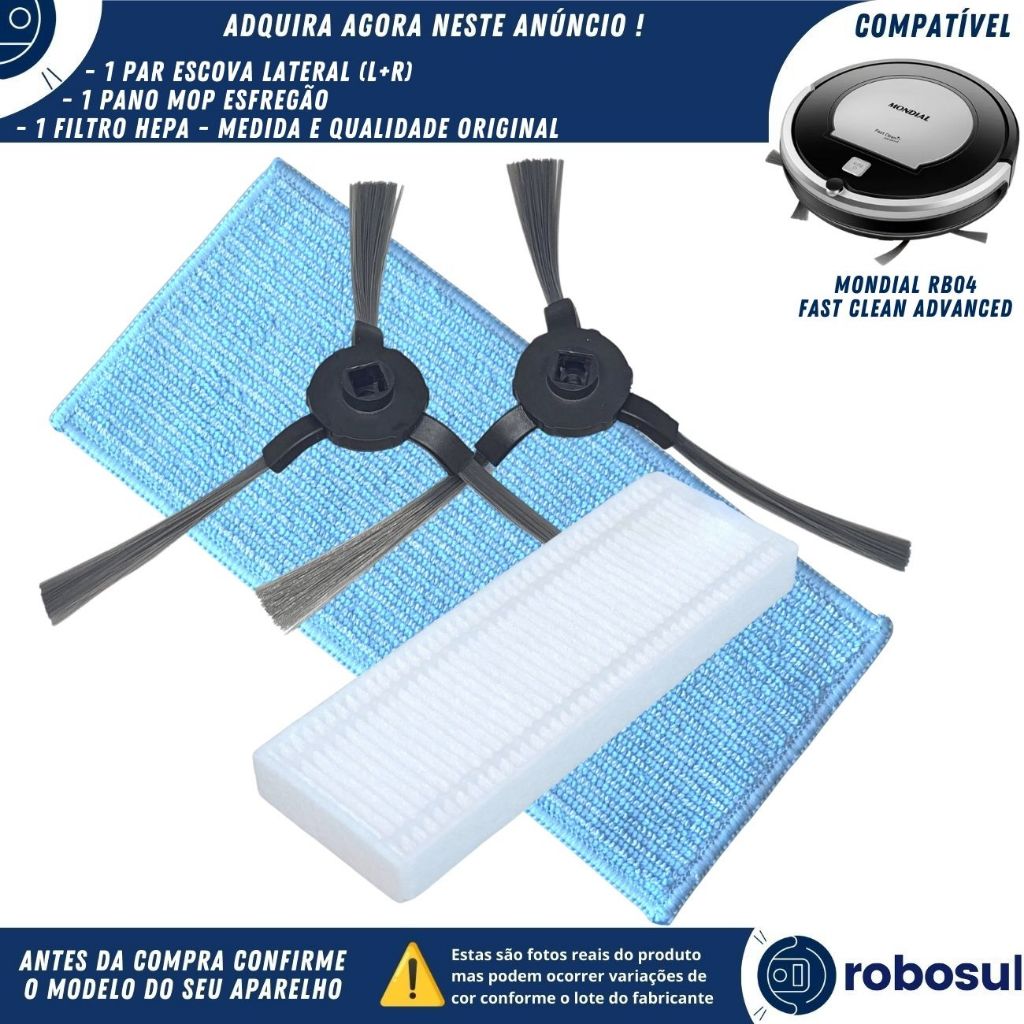Escovas Lateral Filtro Hepa Pano Mop Esfregão Para Robo Mondial Fast Clean Advanced RB04 RB-04