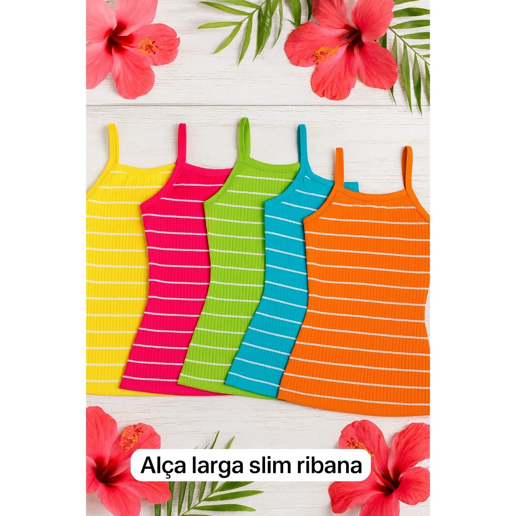 Kit 5 Blusa Feminina Regata Listrada Alcinha Em Malha  Ribana Canelada Dia a Dia Básica Verão