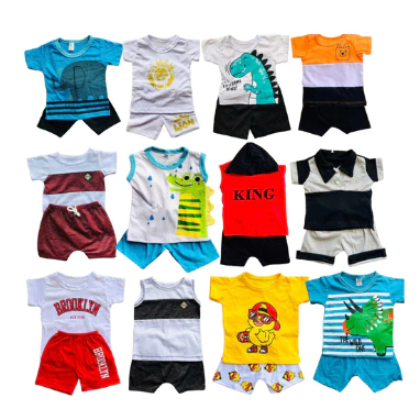 Kit Sortido 8 Peças para Bebê menino estampado verão 4 Camisetas + 4 Bermudas Kit com 4 Conjuntos.