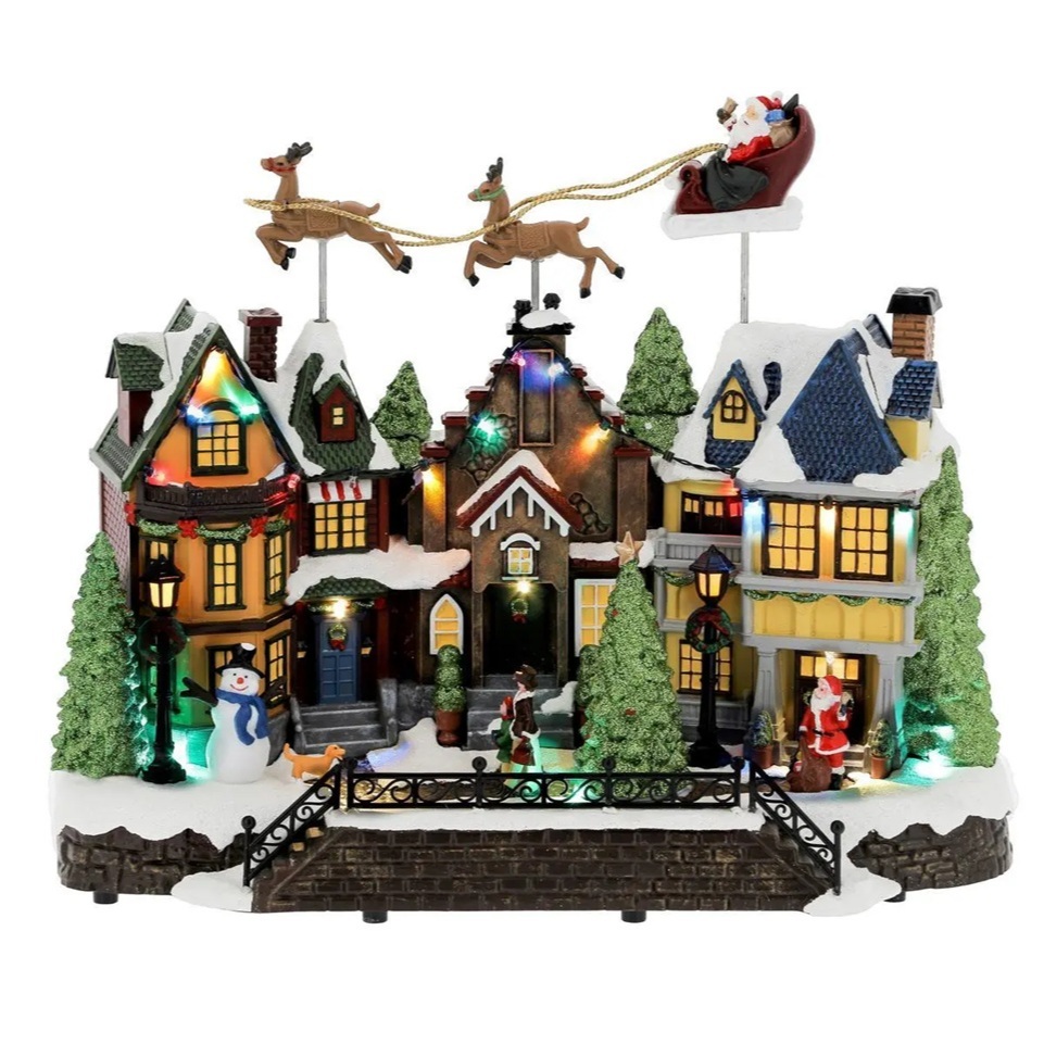 Enfeite de Natal LED Musical 40 x 30cm - Vila Natalina Papai Noel Árvore Boneco de Neve Renas Trenó