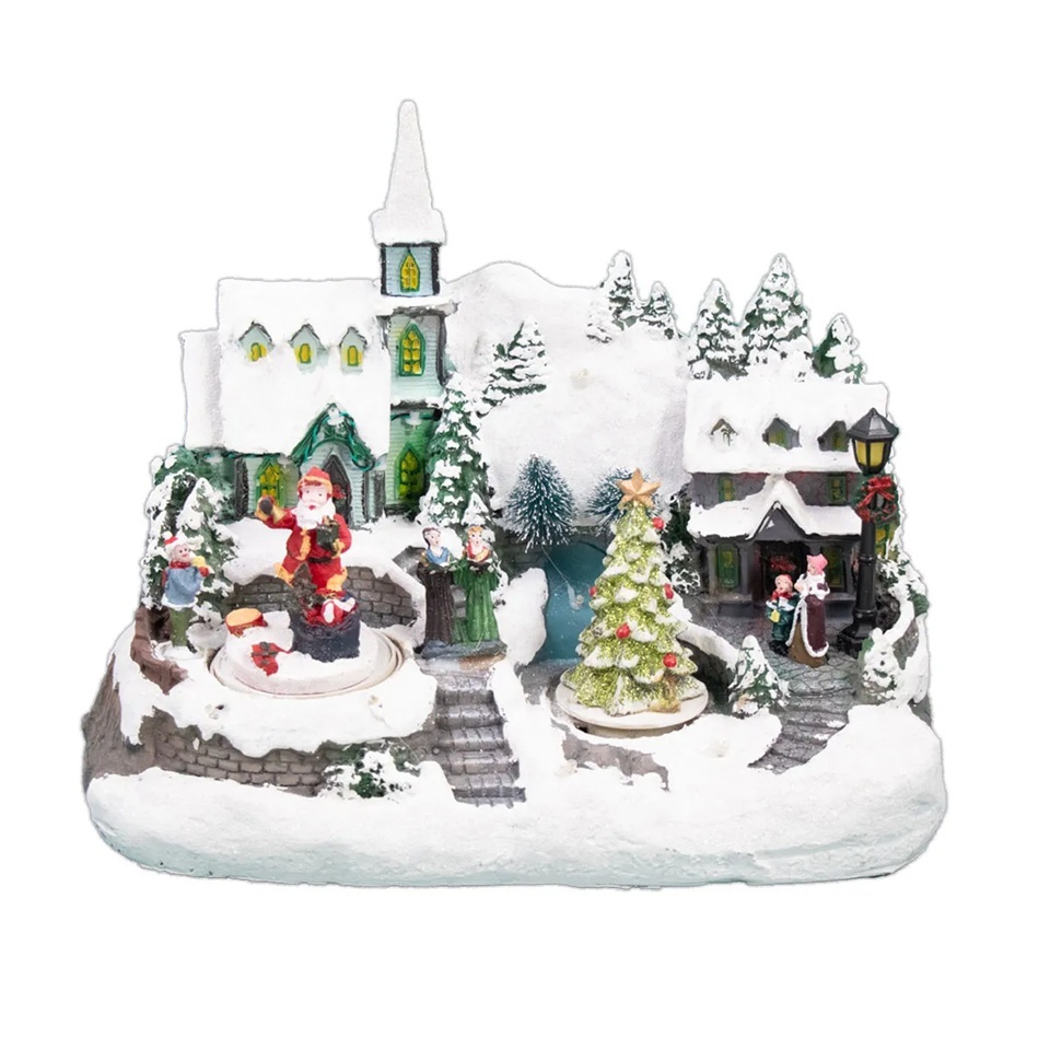 Enfeite de Natal Vila Natalina Musical com Luzes e Movimentos 25x30cm Papai Noel Árvore Neve
