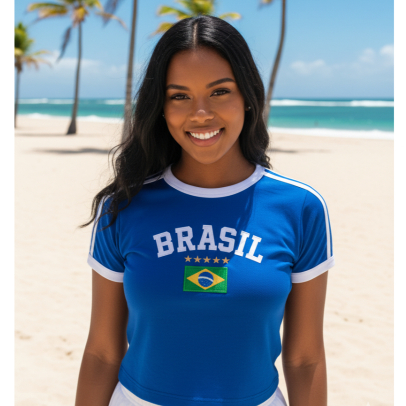 Camisa Brasil Bordada BabyLook Feminina Sem Estado