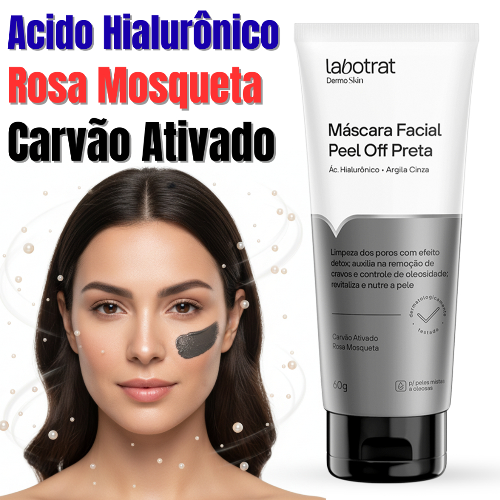 Mascara Facial peel off peeling carvão ativado rosa mosqueta aciado hialuronico