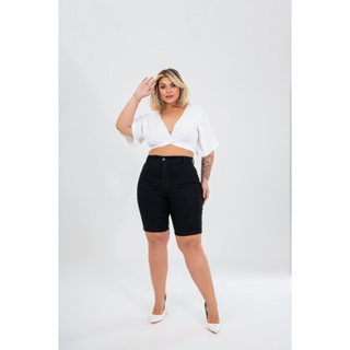 Bermudas Femininas Jeans Plus Size Cós Alto Veste Bem Lycra 34 36 38 40 42 44 46 48 50 52 54 56 em Oferta na Shopee