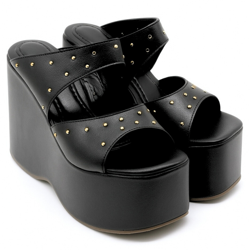 Sandália Anabela Salto Alto Feminina Adriana Bico Peep Toe Esferas Preta
