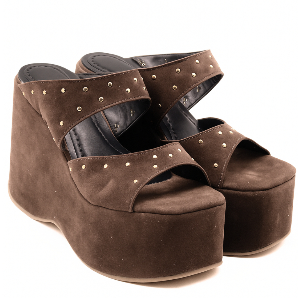 Sandália Anabela Salto Alto Feminina Adriana Bico Peep Toe Esferas Marrom Escuro