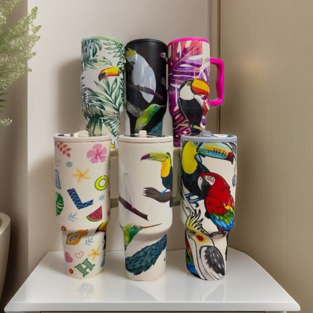 Copo Térmico 1200ML com Alça e Canudo – Personalizado Estampado Fauna Inox