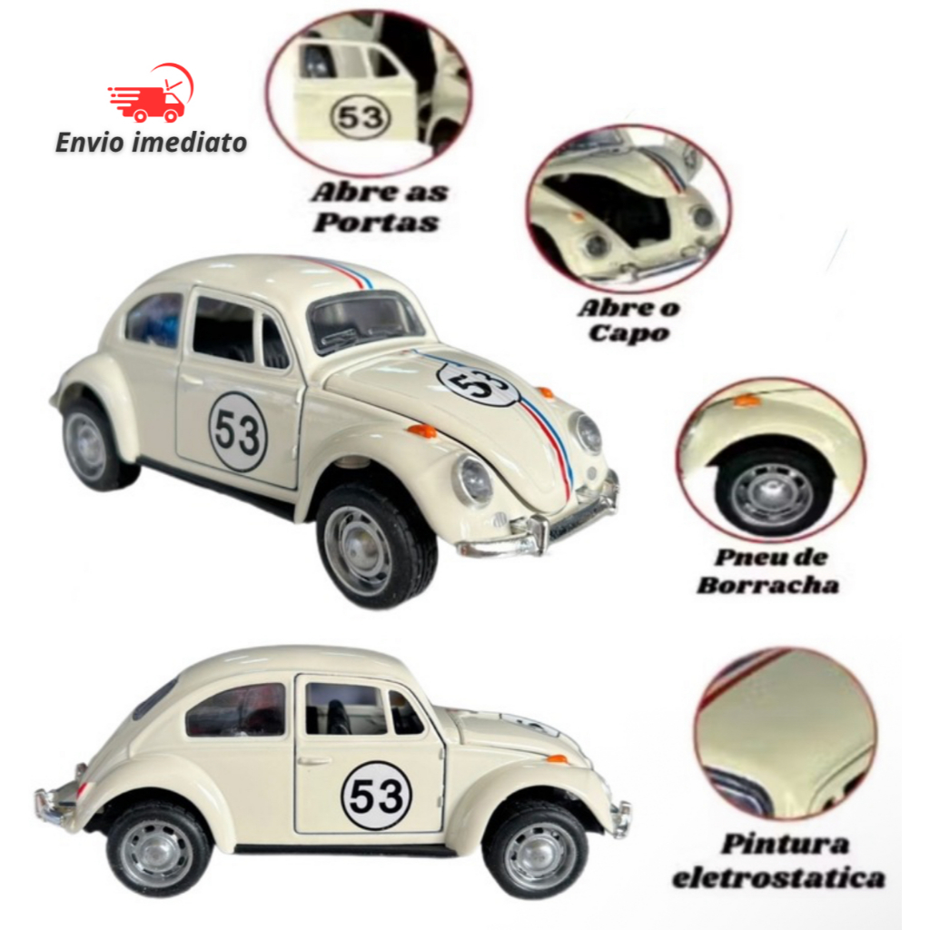 Miniatura Fusca Herbie 53 Carrinho de Ferro Abre Porta Capô Fricção Coleção Clássico 1/32 Brinquedo