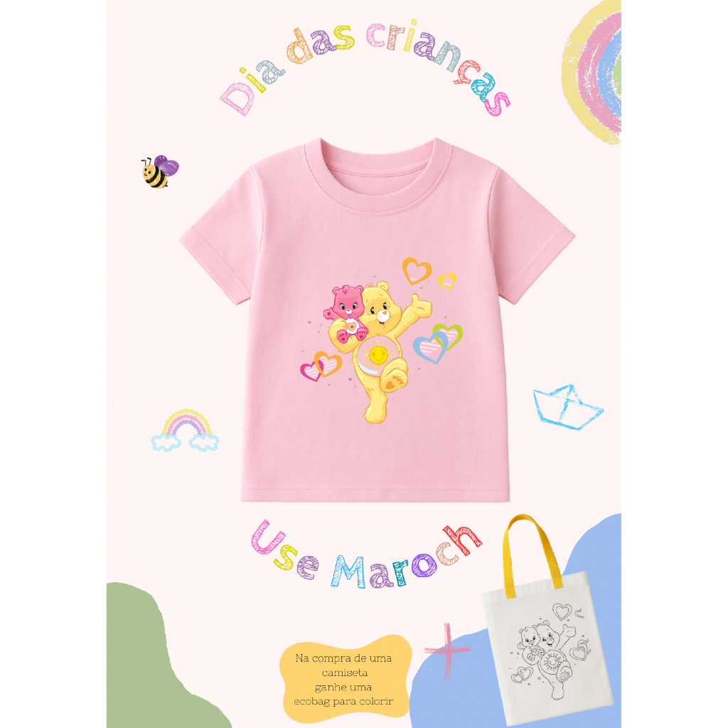 Kit Camiseta Infantil Feminina Para Colorir + Sacola | Presente Dia das Crianças Criativo Educativo Ursinhos