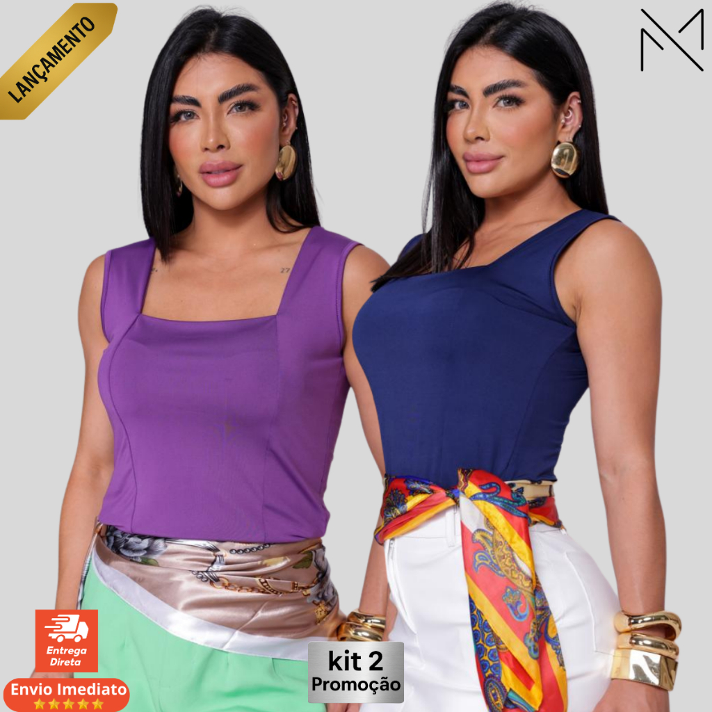 Kit 2 Blusa Regata Decote Quadrado Básica Feminina Alça Grossa Moda Blusinha Top Premium