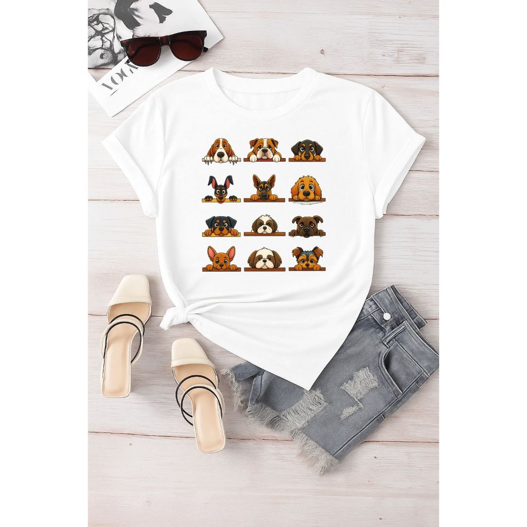 Camiseta Camisa Blusa T-shirt Feminina 100%Algodão Cachorros Fofo Delicada Variedades