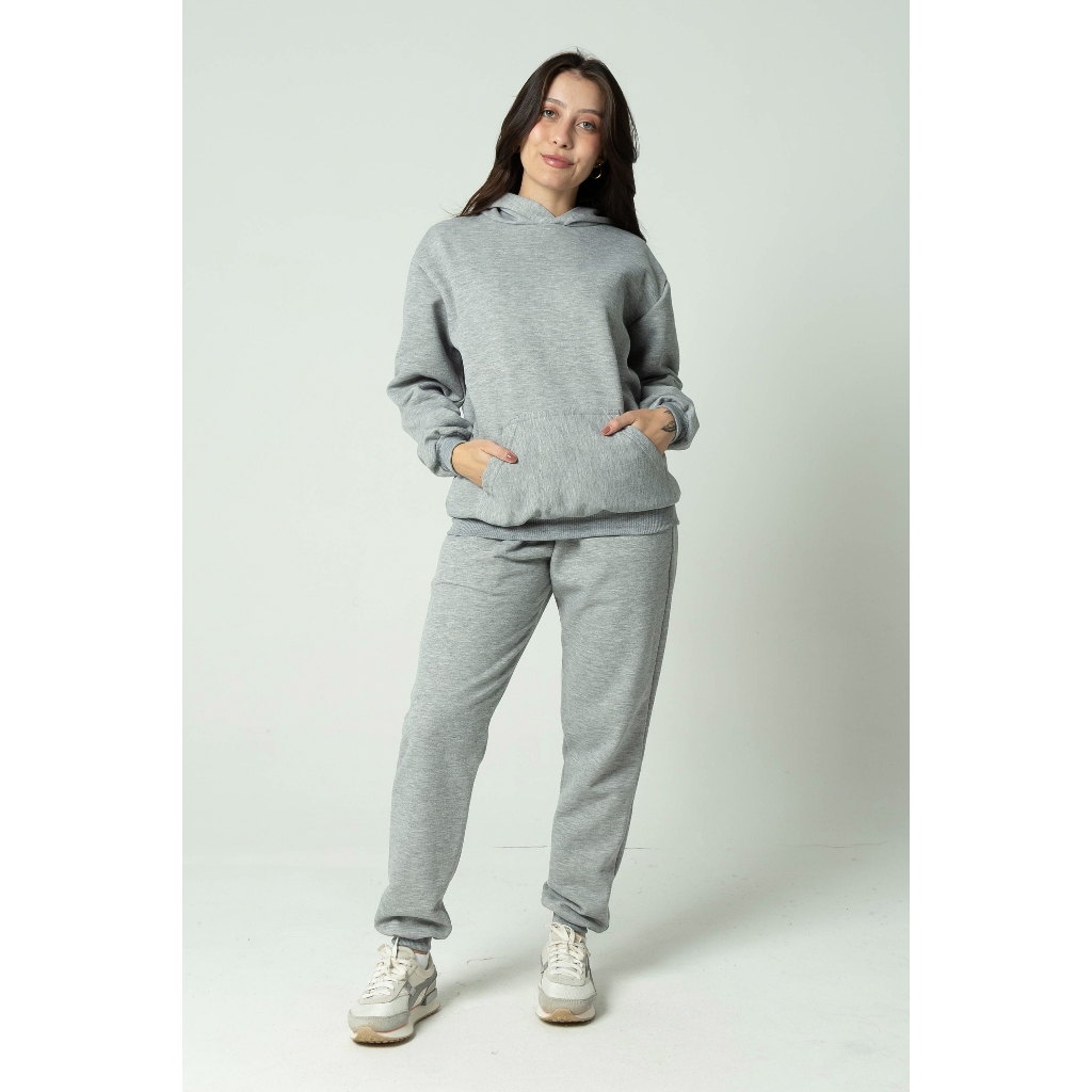 Conjunto de Moletom Canguru Capuz Bolso e Calça Bolso Algodão Unissex Feminino