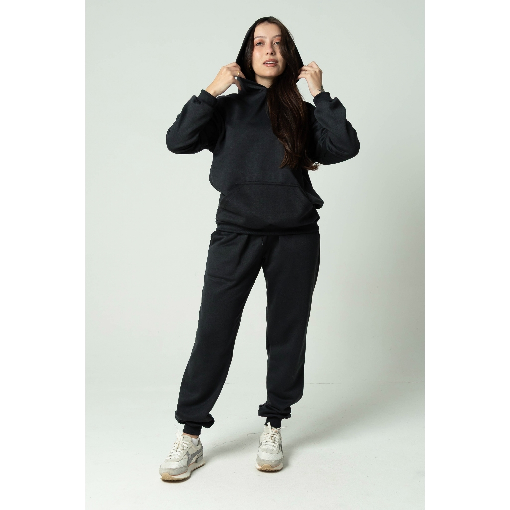 Conjunto de Moletom Canguru Capuz Bolso Flanelado Algodão e Calça com Bolso Feminino Liso