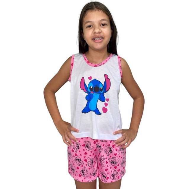 Pijama infantil feminino baby doll short doll roupa de dormir de menina verao regata stitch capivara