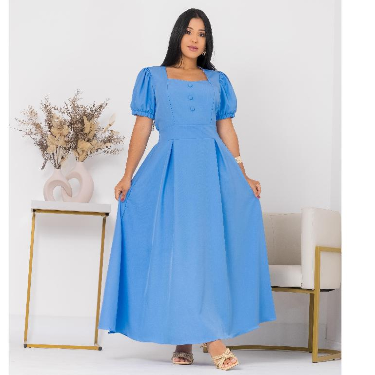 Vestido Longo Feminino Moda Evangélica Elegante com Manga Princesa, Cintura Marcada blackfriday* em Oferta na Shopee