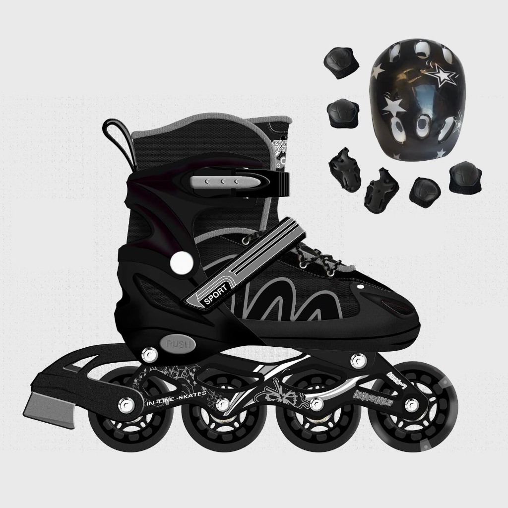 Patins Roller Inline Ajustável Preto Com /SEM Kit Proteção Meninos Presente Black Friday