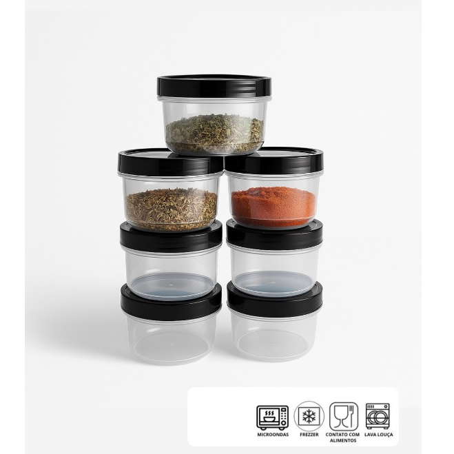 Jogo até 24 Potes 300ml Mantimento Plástico com Tampa de Rosca - Hermético e Multiuso - Organizador