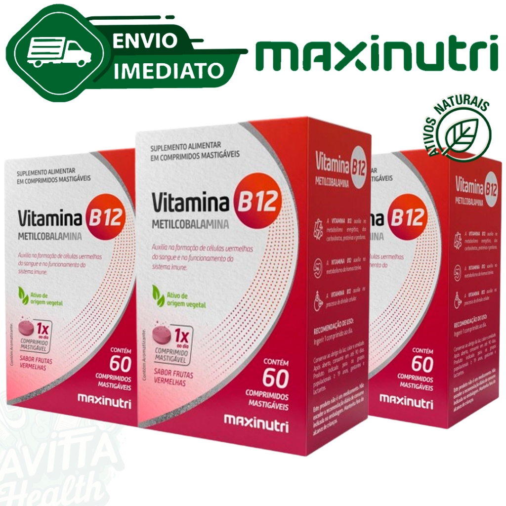 Kit C/3 Vitamina B12 Metilcobalamina Mastigável 60 Comprimidos Maxinutri Zero Açucar Envio Imediato