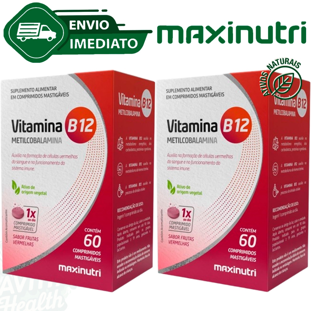 Kit C/2 Vitamina B12 Metilcobalamina Mastigável 60 Comprimidos Maxinutri Zero Açucar Envio Imediato