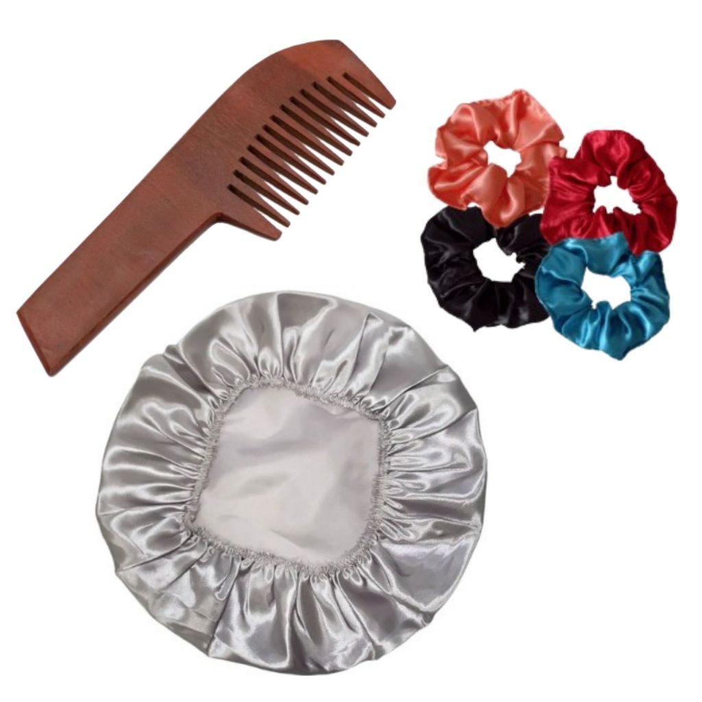 Kit - 1 Touca de Cetim + 1 Xuxinha + 1 Pente de Madeira 22cm – Proteção Anti Frizz para cabelos