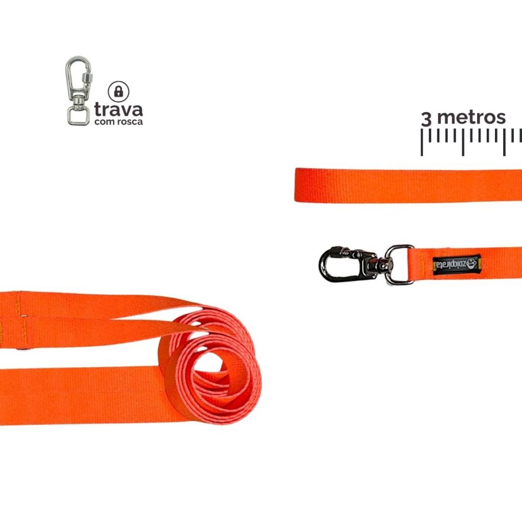 Guia Longa para Cachorro 3 Metros | Treinamento e Passeio | Antienrosco | Neon Laranja