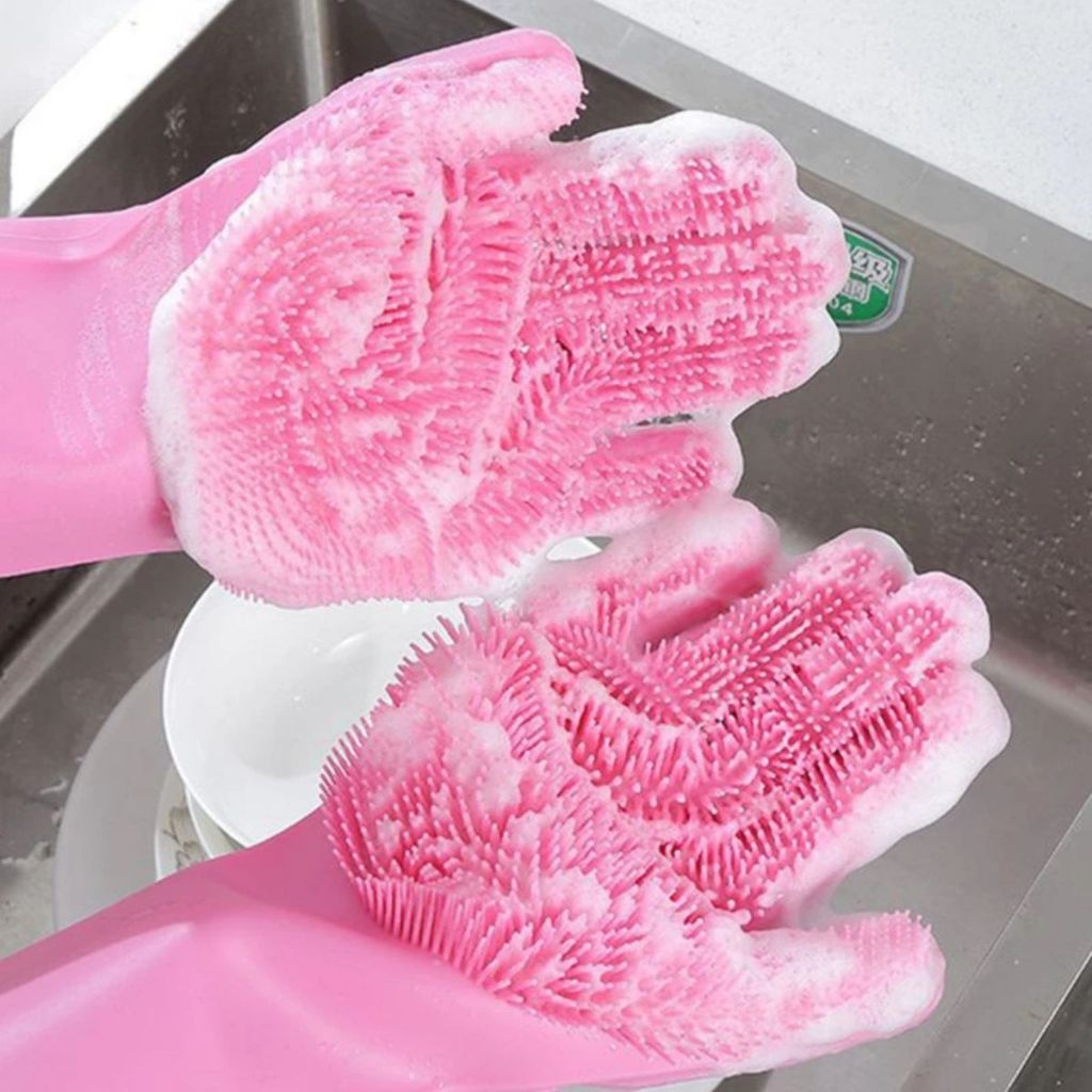 Luvas Multiuso de Silicone com Cerdas Cores Verde Rosa Roxo Lava Louça Cozinha Fogão Banheiro Pet Carro Limpeza Profunda